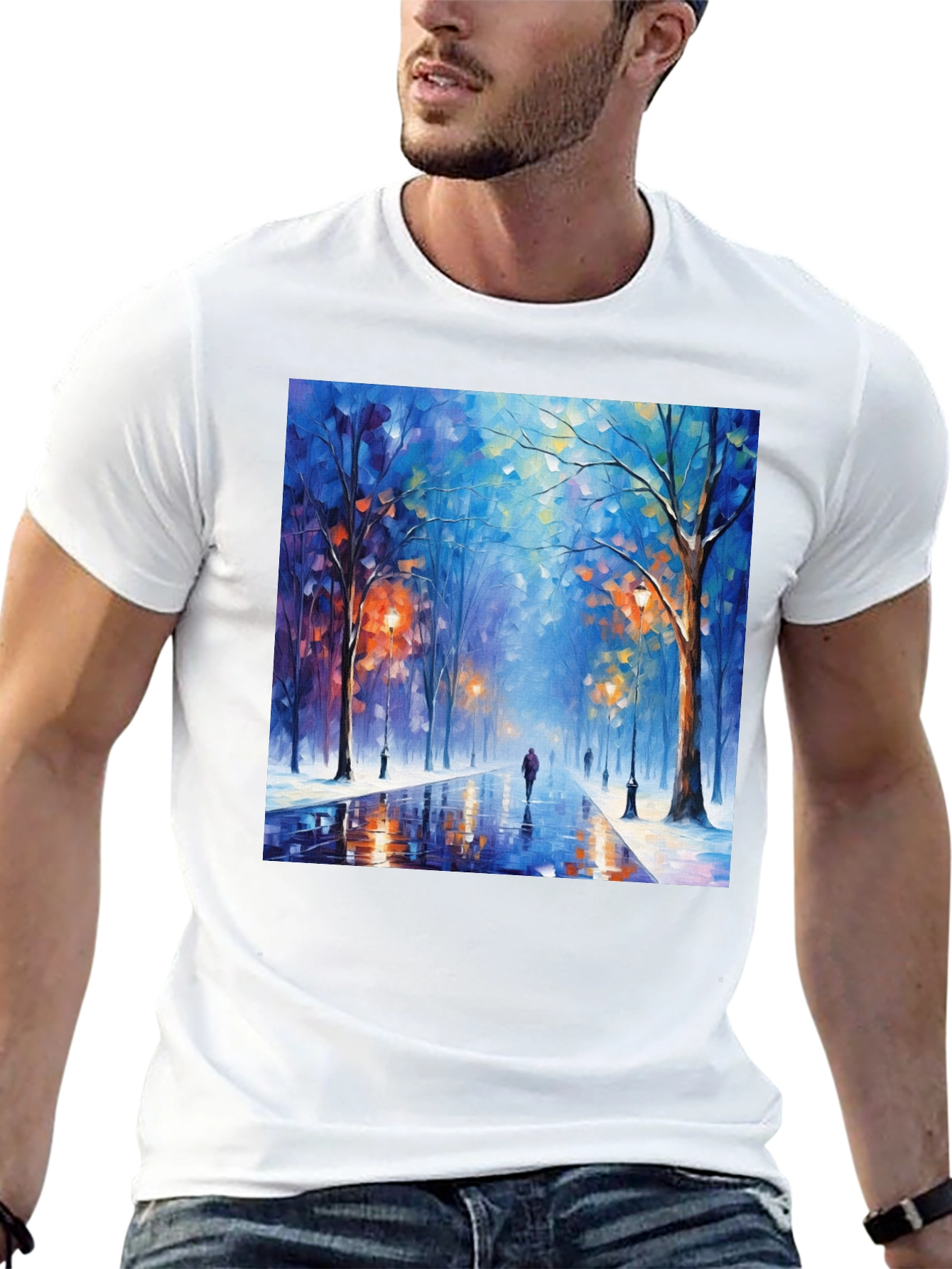 Black Artistic Winter Street Scene T-Shirt view 13
