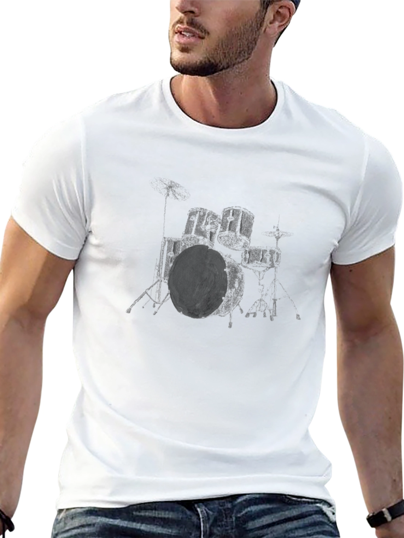 Black Cool Drum Set Graphic Tee - Black Cotton T-Shirt view 13