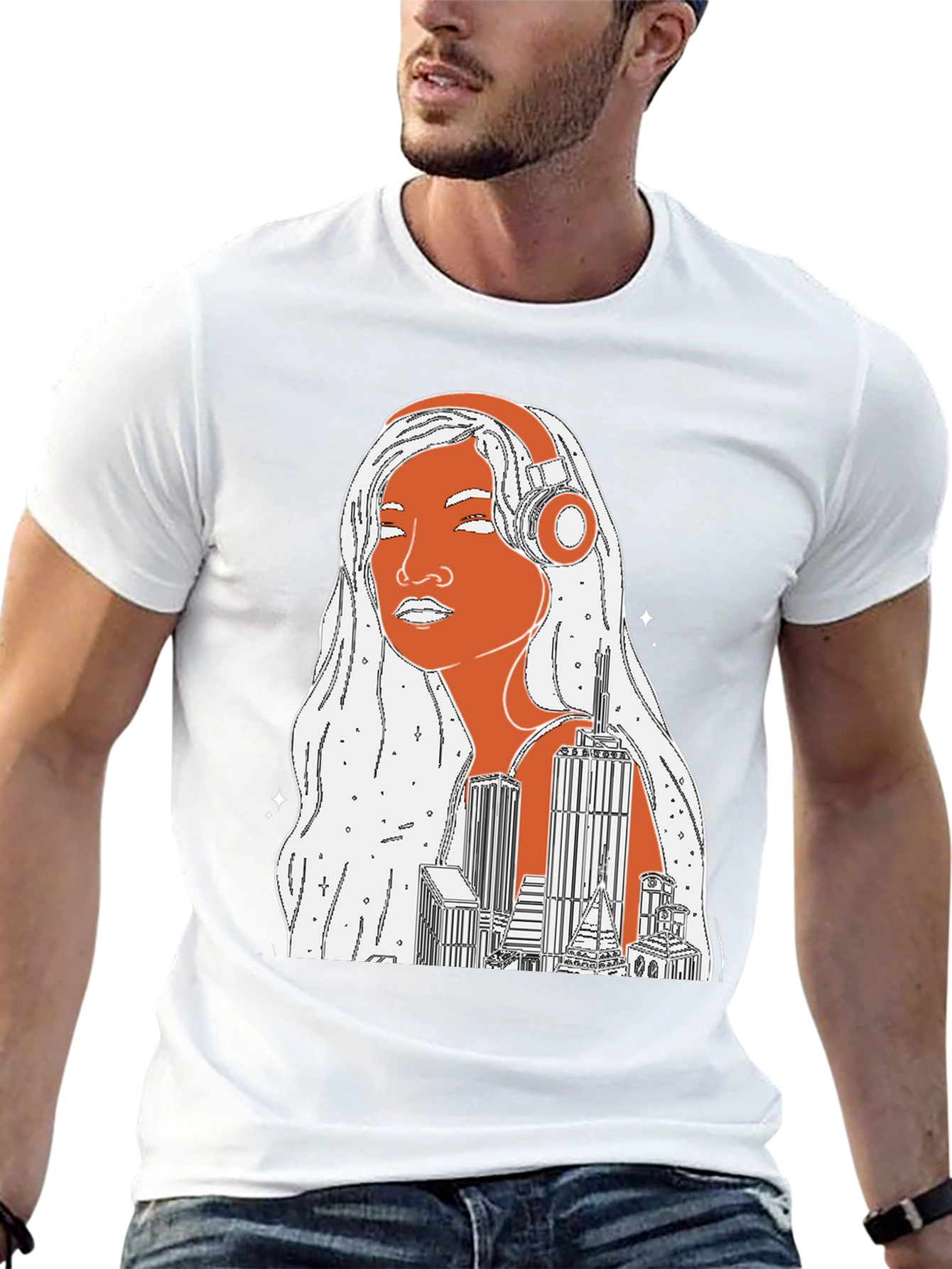 Black Cityscape Headphones Graphic Tee view 13