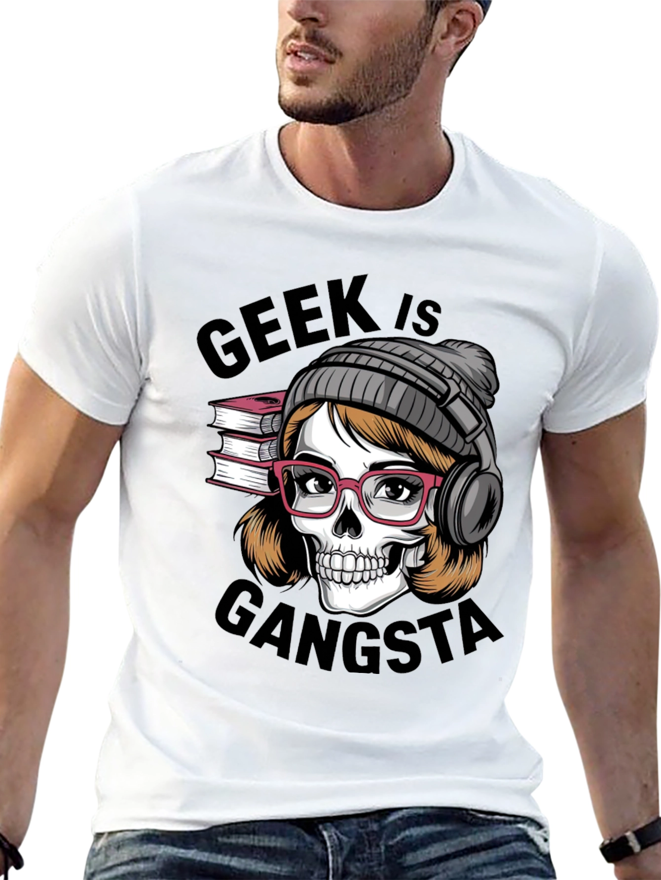 Black Geek is Gangsta T-Shirt - Skull with Glasses and Headphones view 13