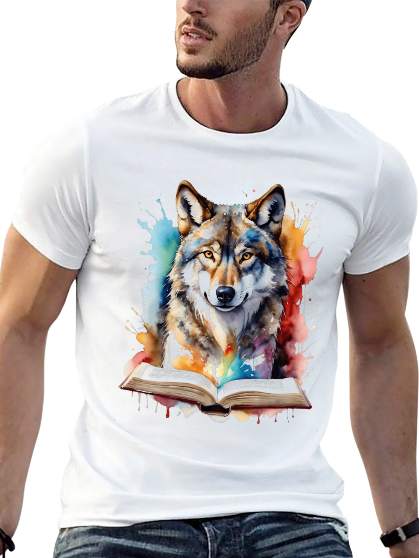 Black Watercolor Wolf Reading T-Shirt - Unique Graphic Tee view 13