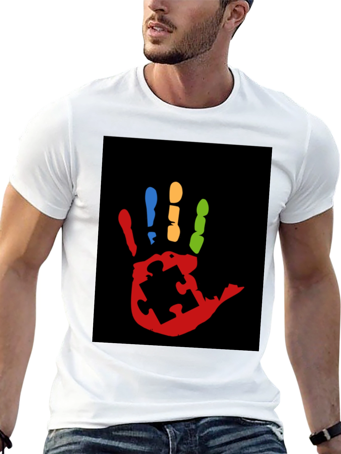 Black Autism Awareness Hand Print T-Shirt view 13