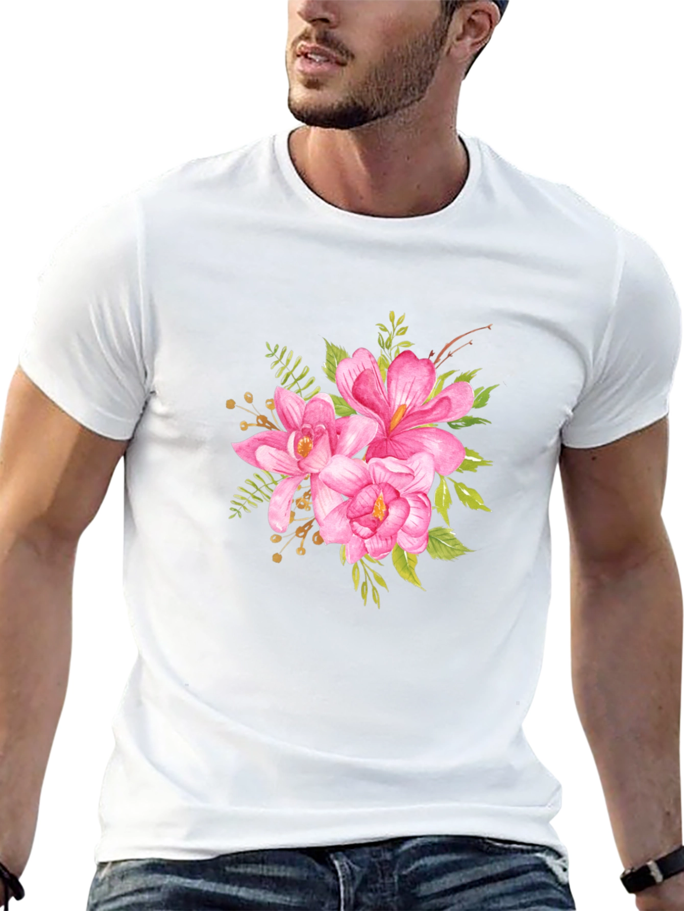 Black Floral T-Shirt - Pink Watercolor Flower Graphic Tee view 13