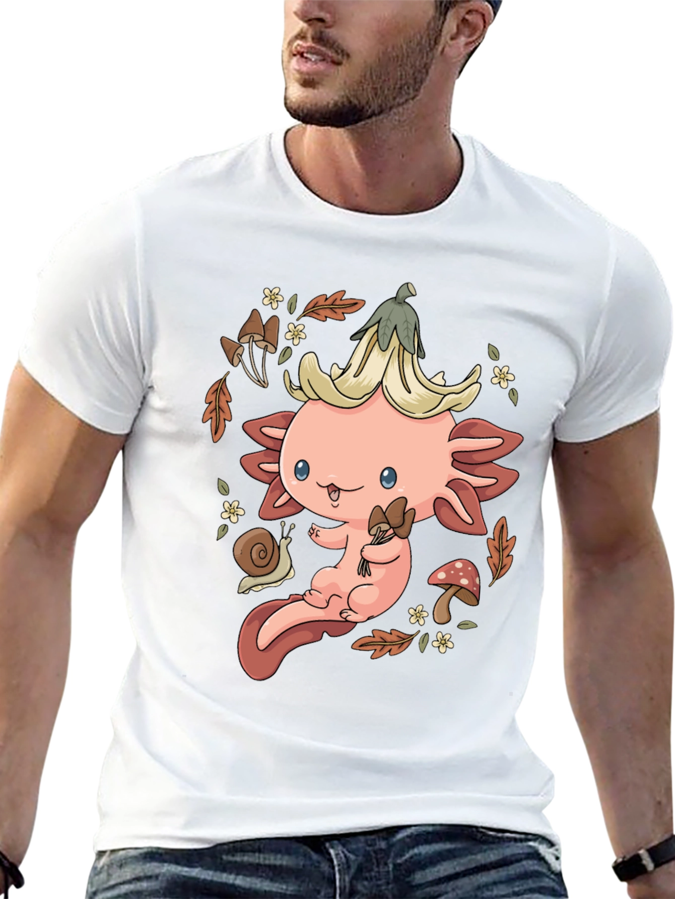Black Cute Axolotl Mushroom T-Shirt - Whimsical Nature Design view 13