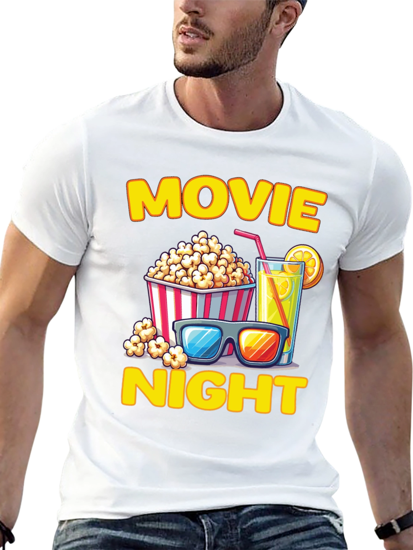 Black Movie Night T-Shirt - Popcorn, Drink, and Glasses view 13