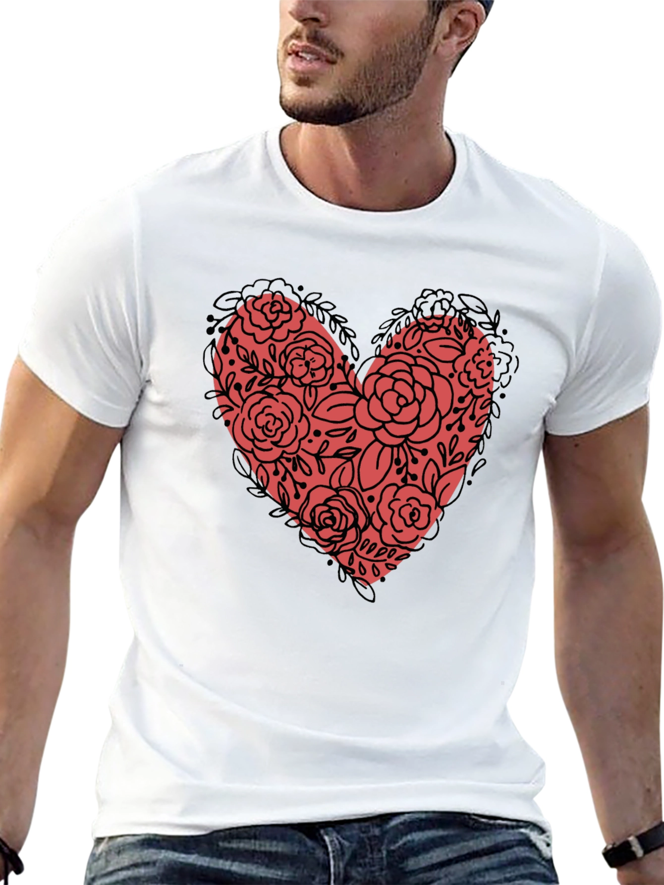 Black Floral Heart Graphic Tee - Black Unisex view 13