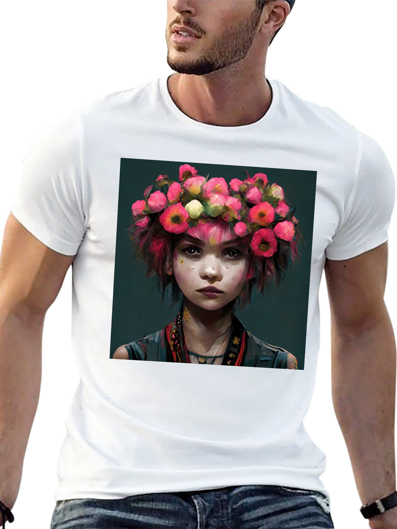 Black Floral Crown Girl Portrait T-Shirt view 13