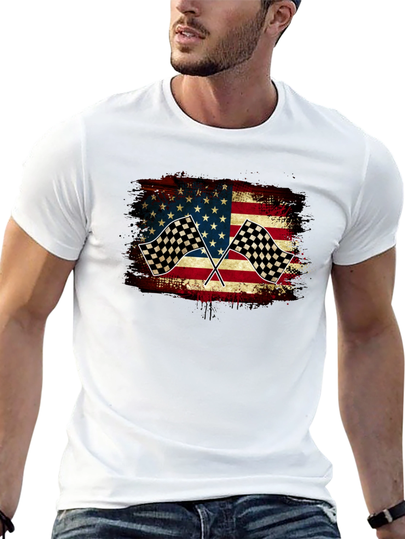 Black American Flag Race Car T-Shirt view 13