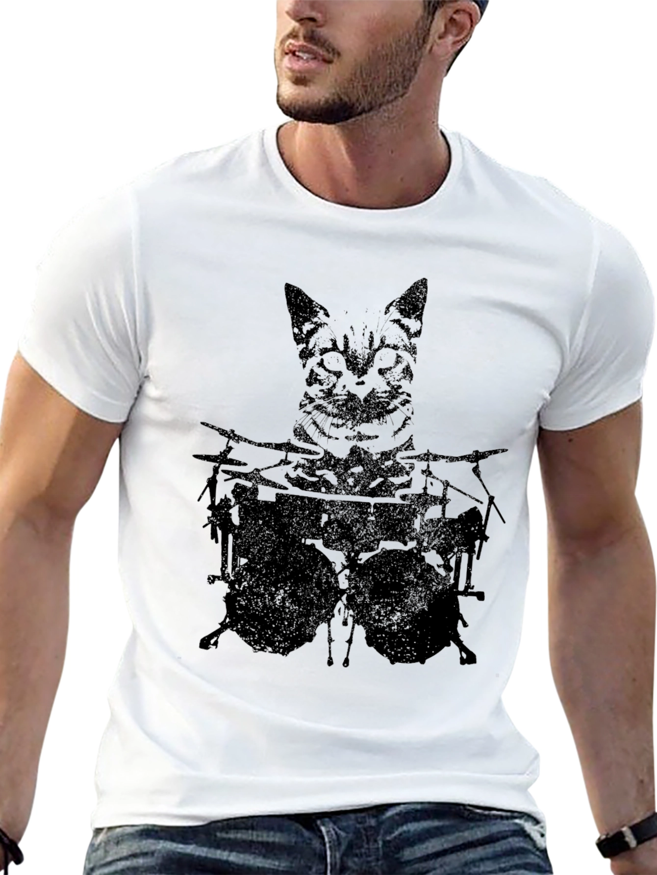 Black Cat Drummer Graphic Tee - Black Cotton T-Shirt view 13