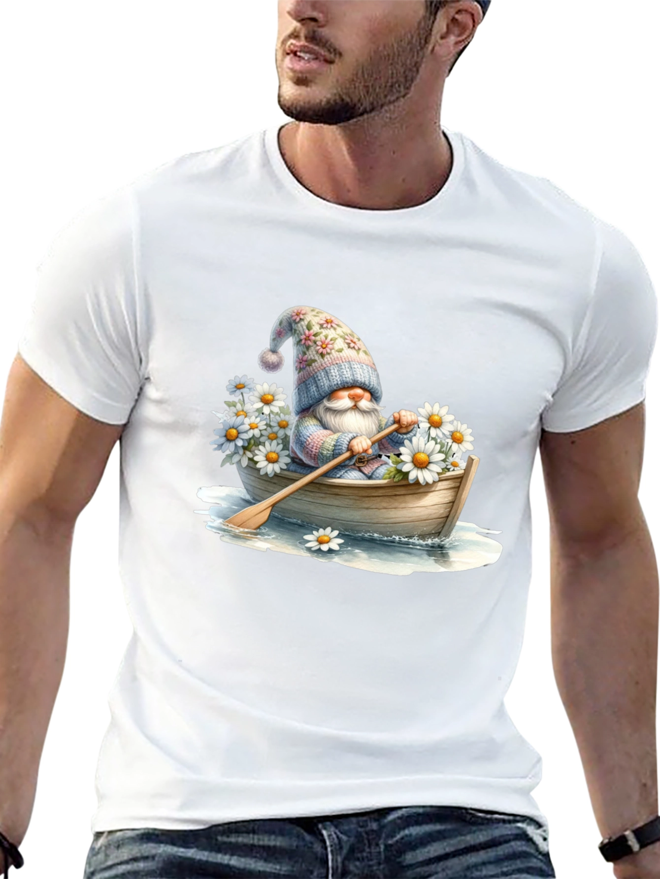 Black Gnome in Boat T-Shirt - Whimsical Floral Hat view 13