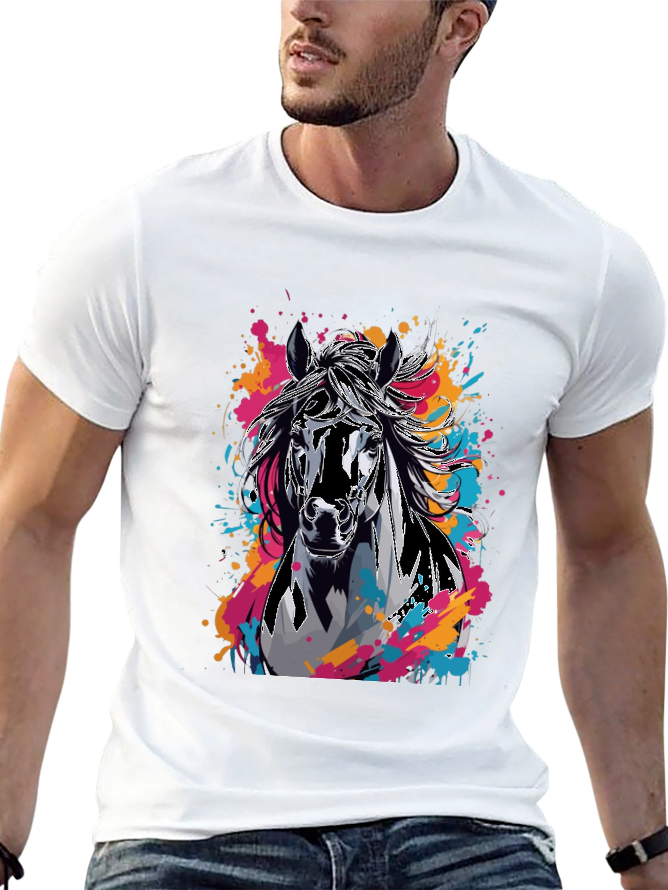 Black Horse Graphic T-Shirt - Colorful Animal Print Tee view 13
