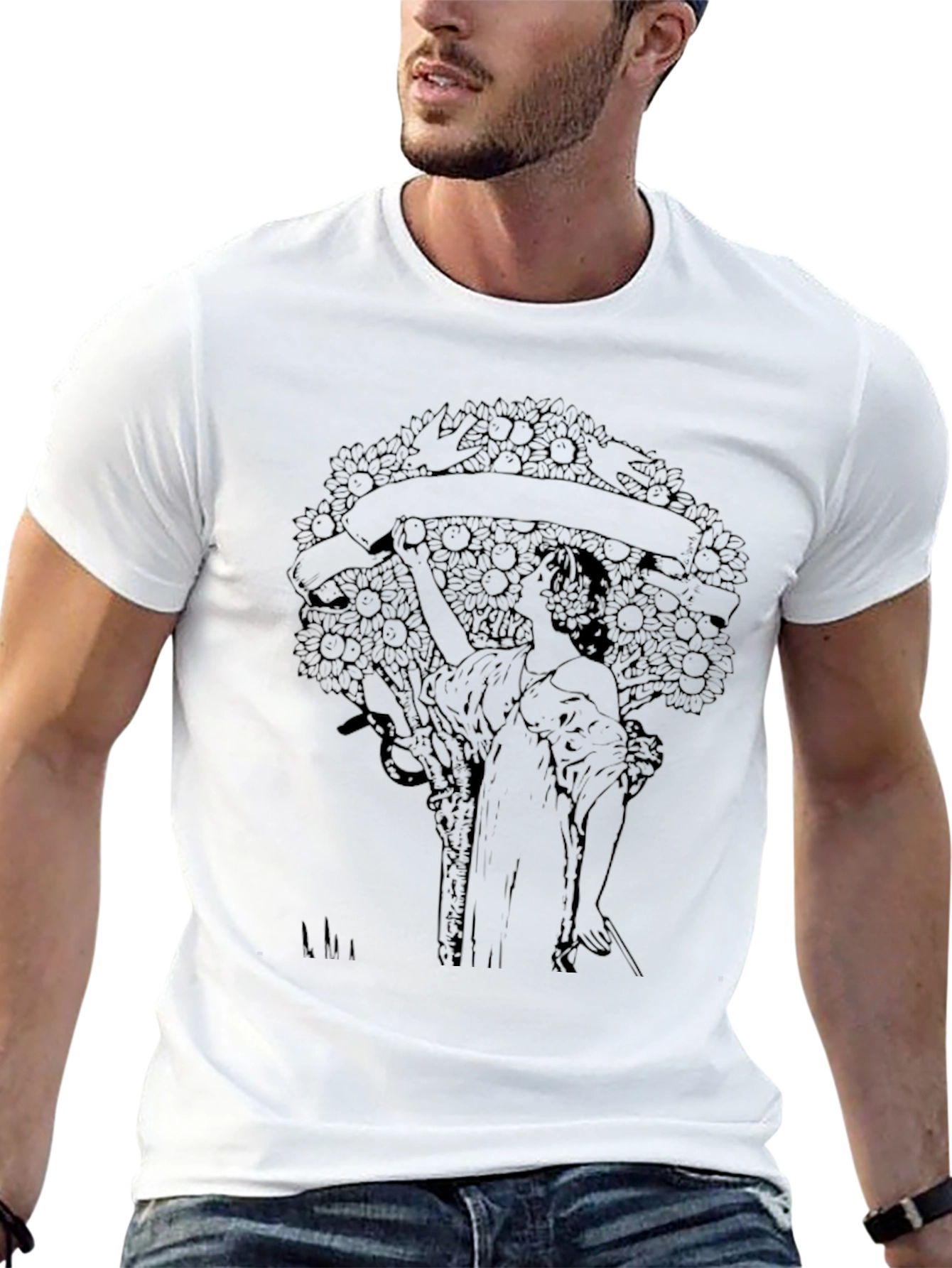 Black Art Nouveau Graphic Print Black T-Shirt view 13