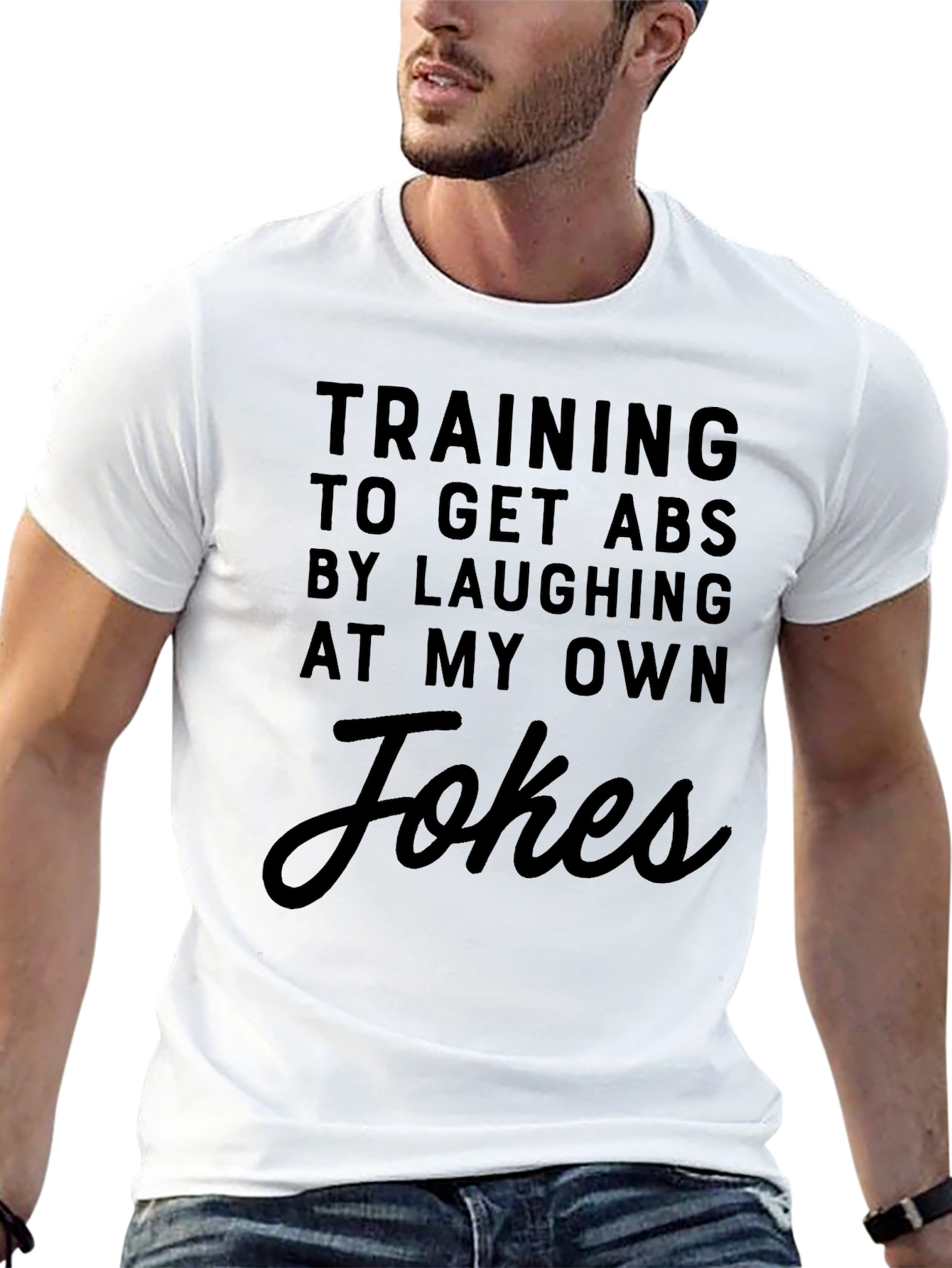 Black Funny Abs Training T-Shirt - Laughing at My Jokes view 13