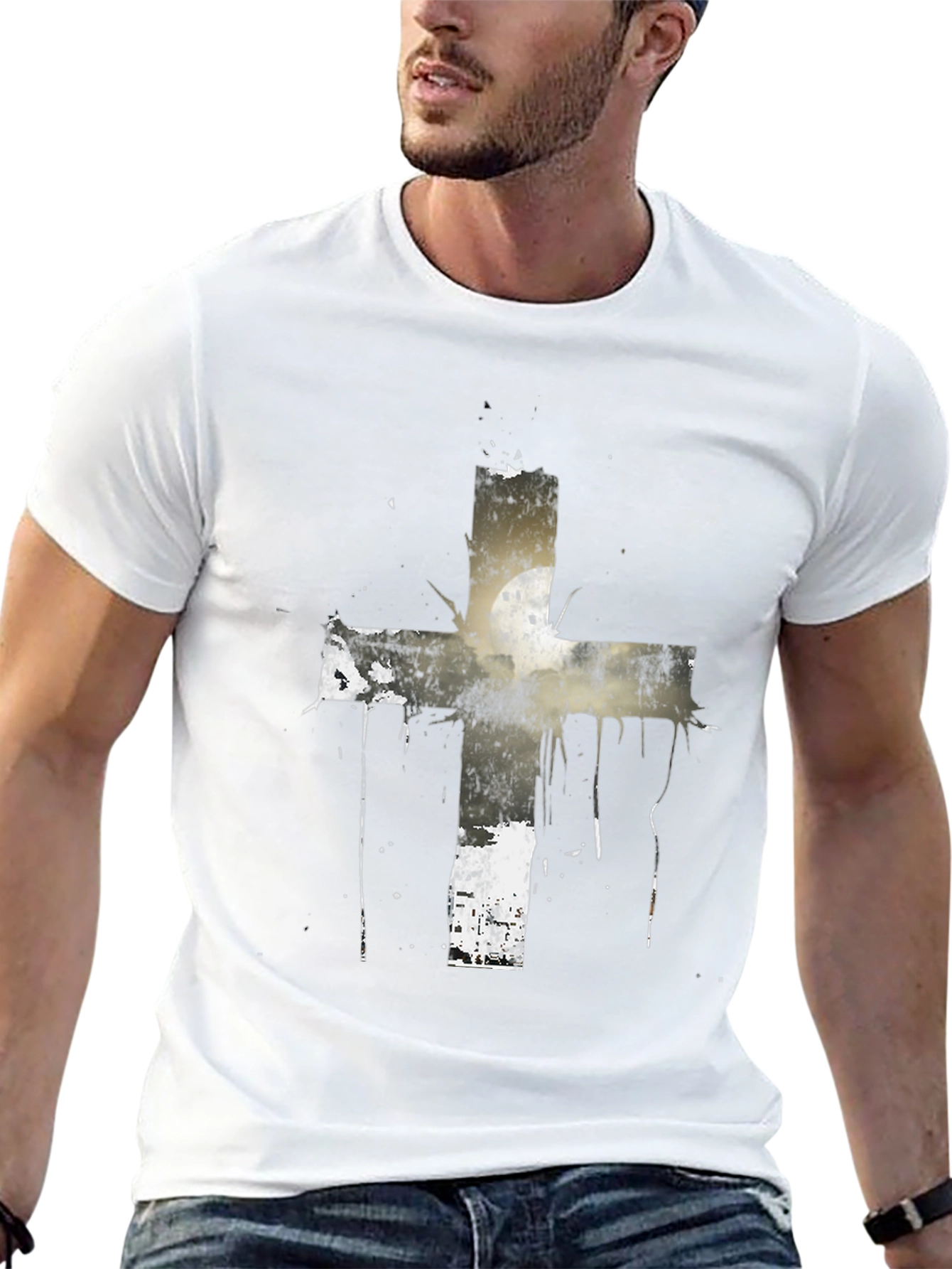 Black Grunge Cross Graphic Black T-Shirt view 13