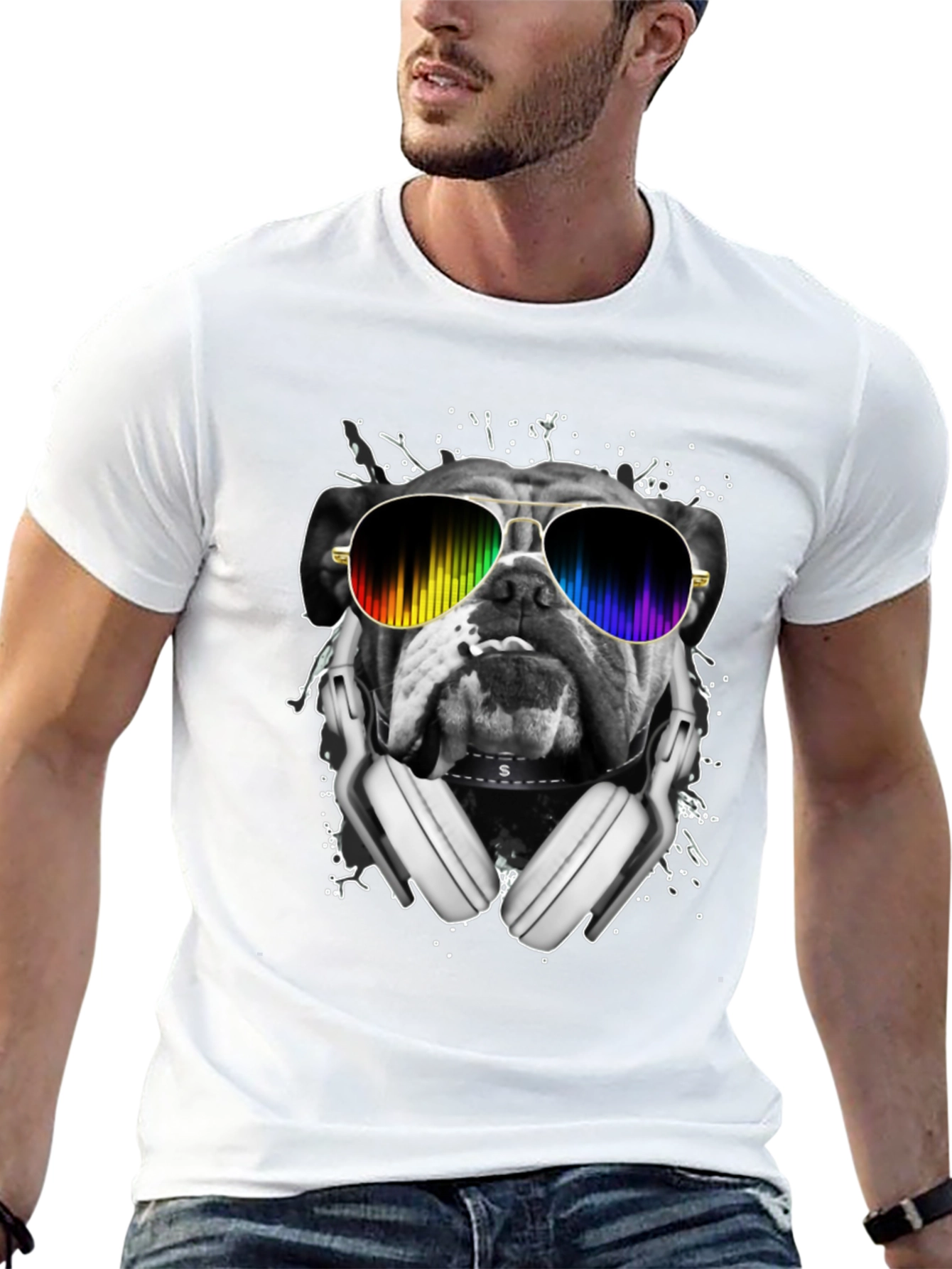 Black Bulldog DJ T-Shirt - Rainbow Glasses & Headphones view 13