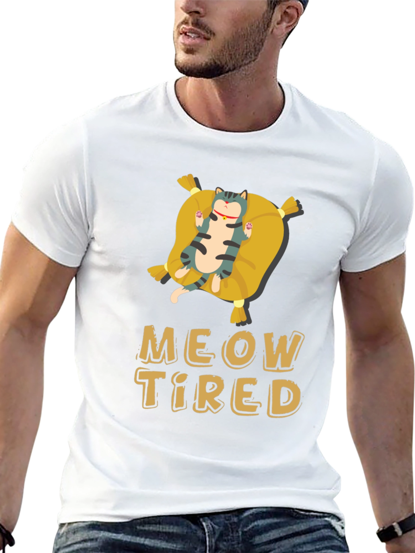 Black Meow Tired Cat Pillow T-Shirt - Relaxed Fit view 13
