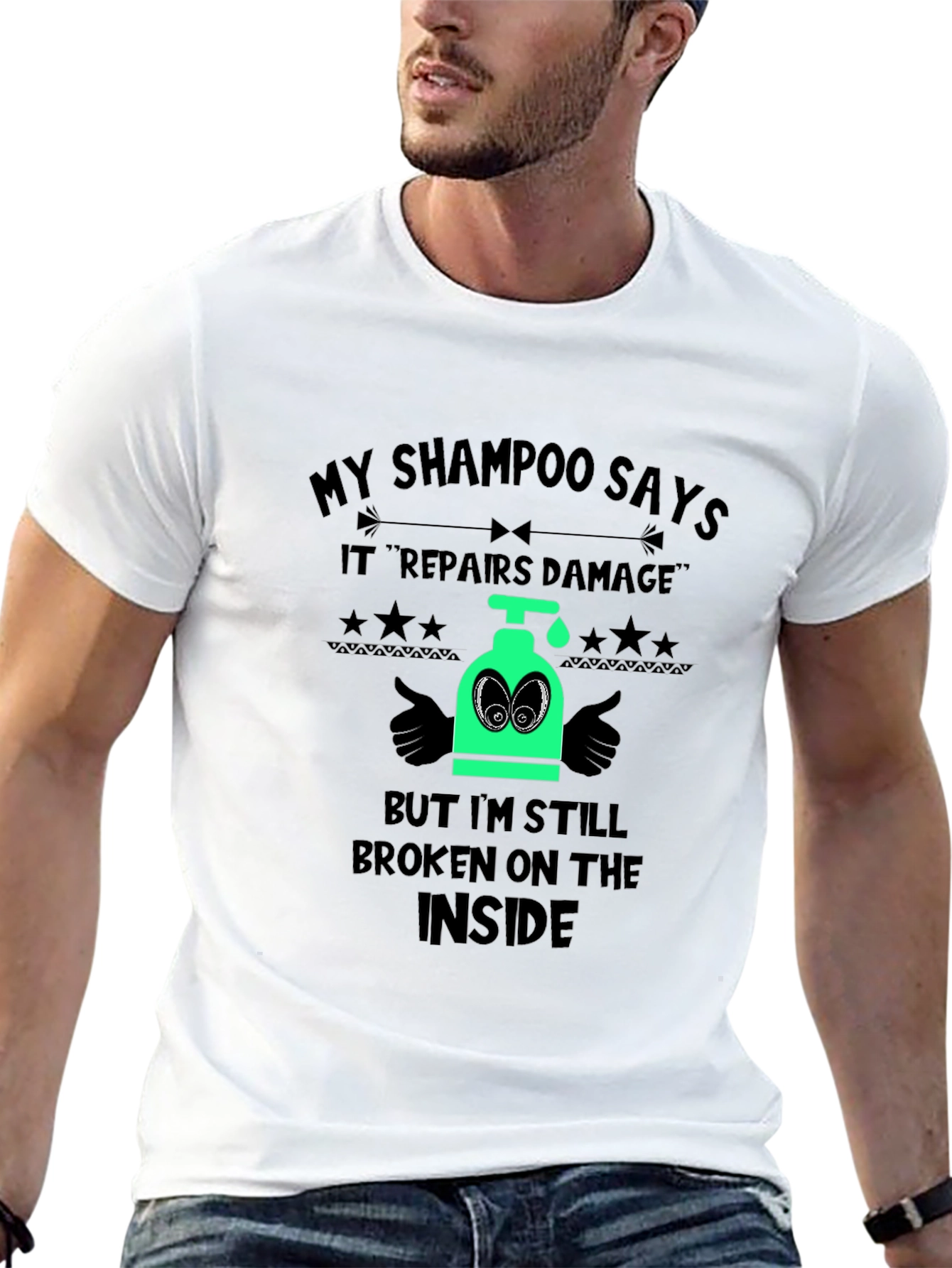 Black Humorous "Broken Inside" Shampoo T-Shirt view 13