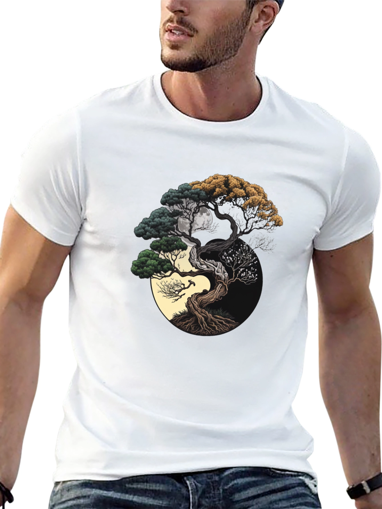 Black Yin Yang Bonsai Tree Graphic Tee - Unisex Black T-Shirt view 13