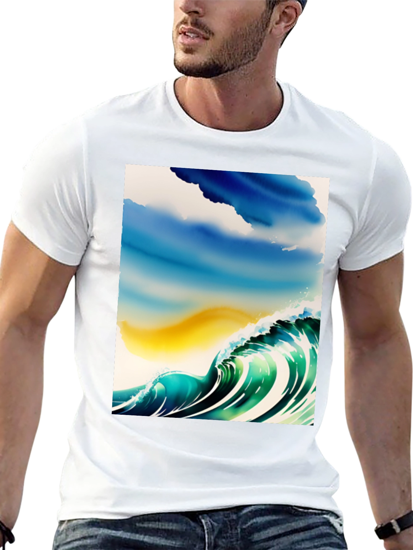 Black Wave Watercolor Graphic Tee - Black Cotton Casual view 13