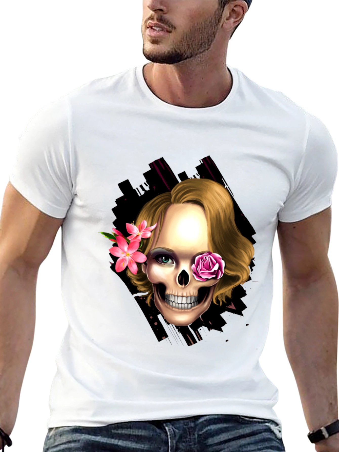Black Skull & Flowers Graphic Tee - Trendy Halloween Style view 13