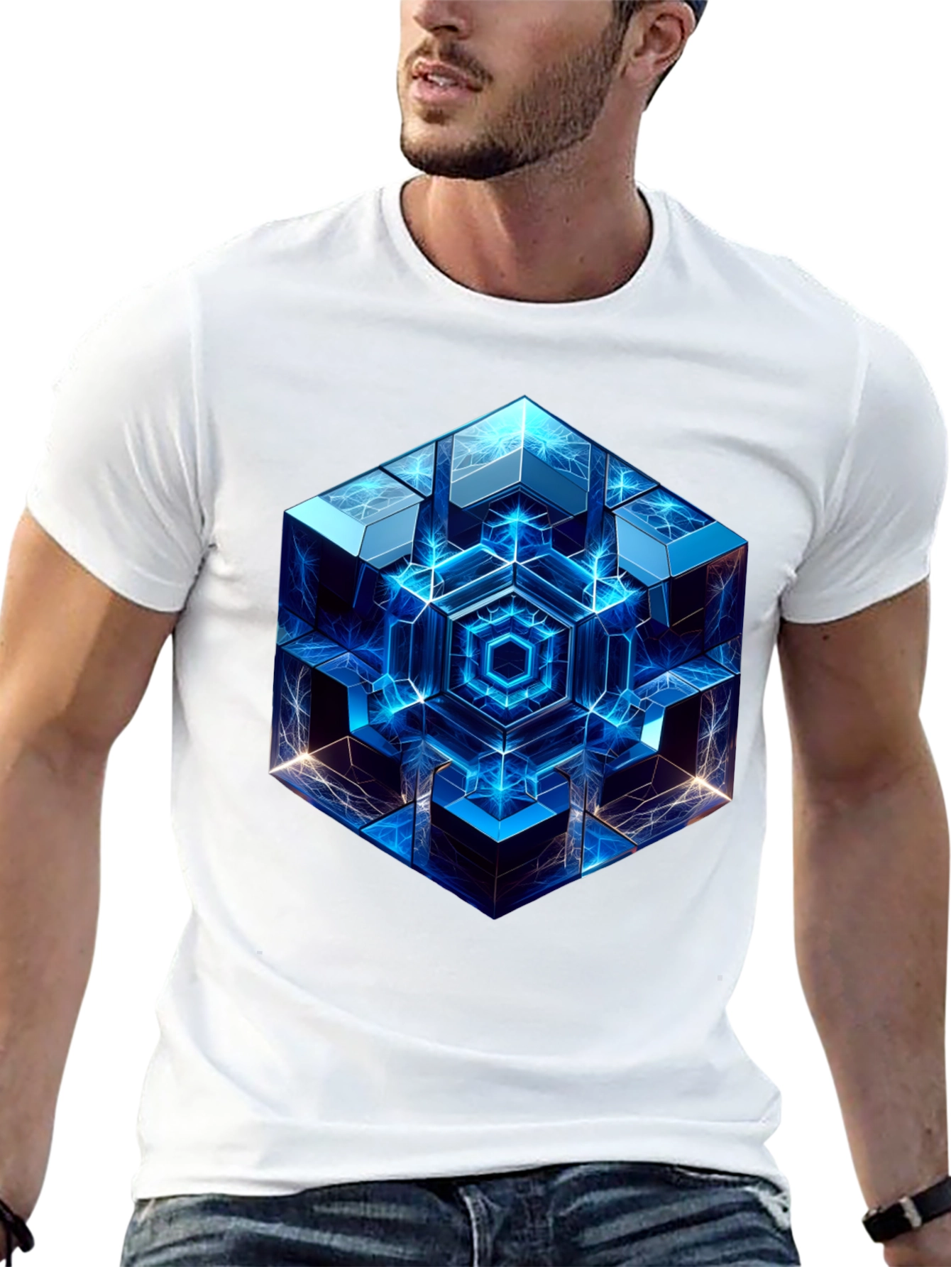Black Geometric Cube Graphic Print Black T-Shirt view 13
