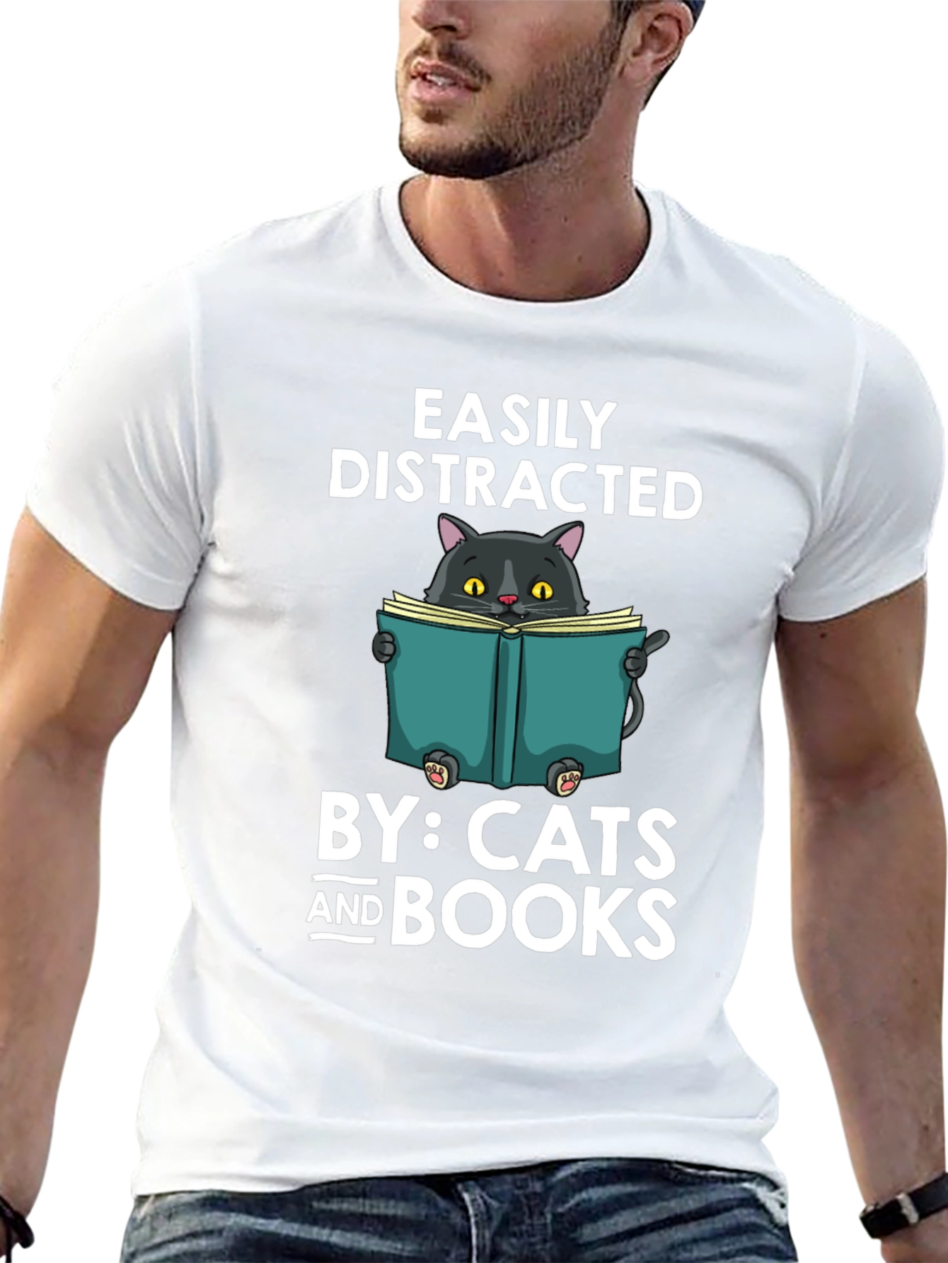 Black Easily Distracted By Cats and Books T-Shirt view 13