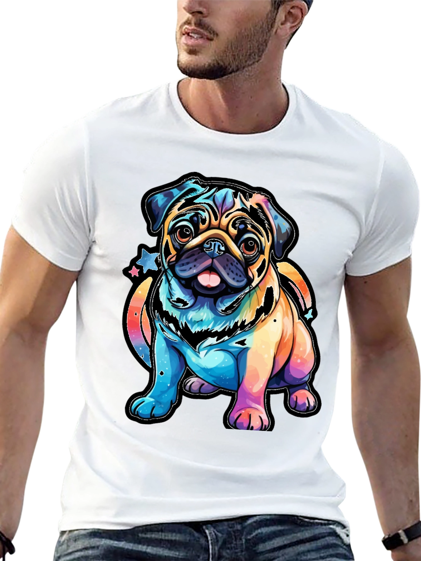 Black Colorful Pug Dog Graphic T-Shirt view 13