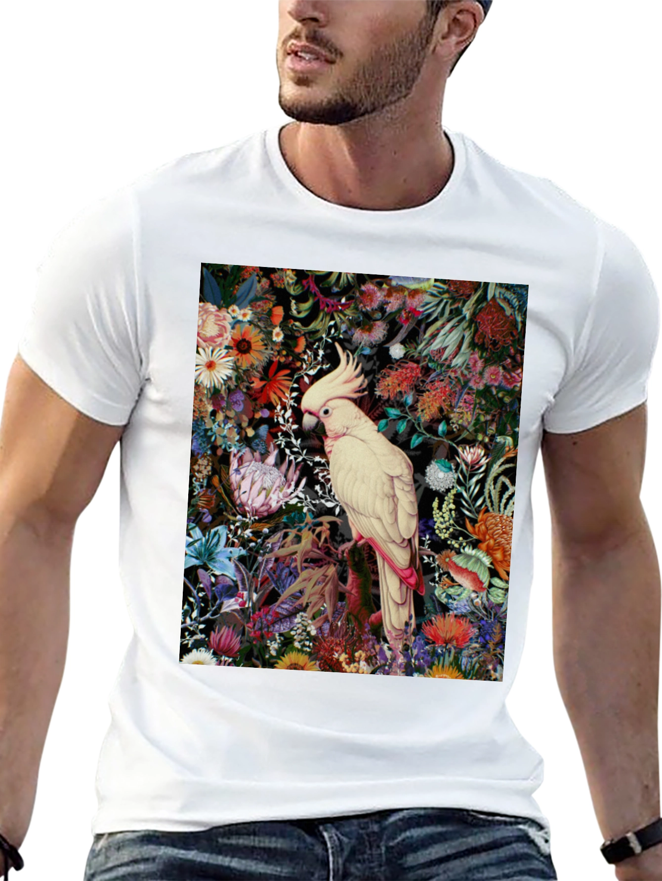 Black Floral Cockatoo Print Tee - Unique Graphic T-Shirt view 13