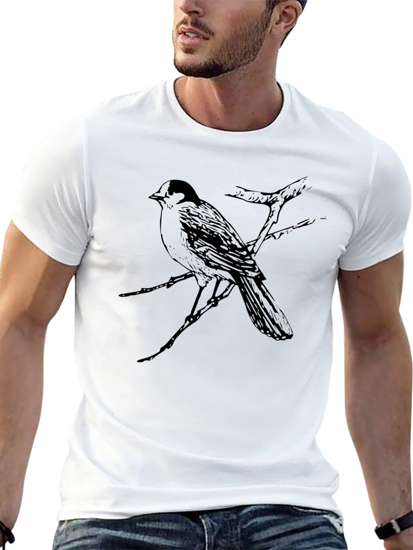 Black Bird on Branch Graphic Tee - Black Casual T-Shirt view 13
