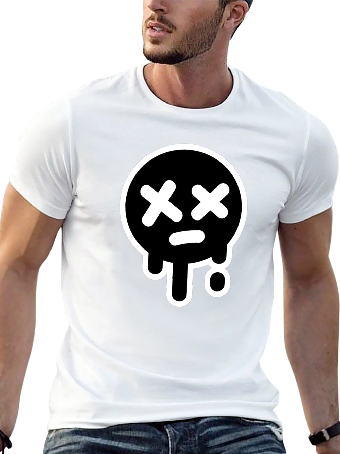 Black Black T-Shirt with White Drip Sad Face Design view 13