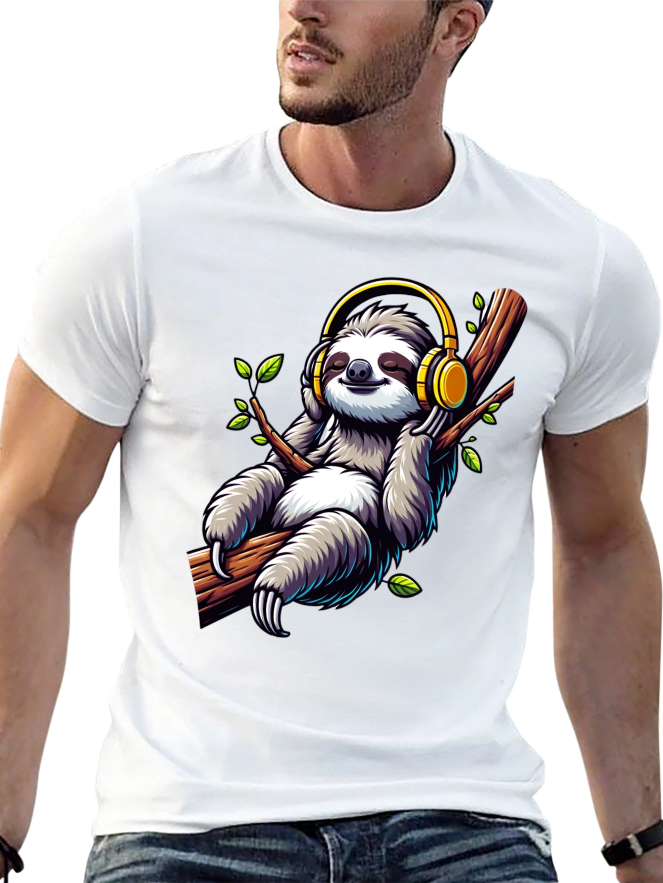 Black Sloth with Headphones Graphic T-Shirt view 13