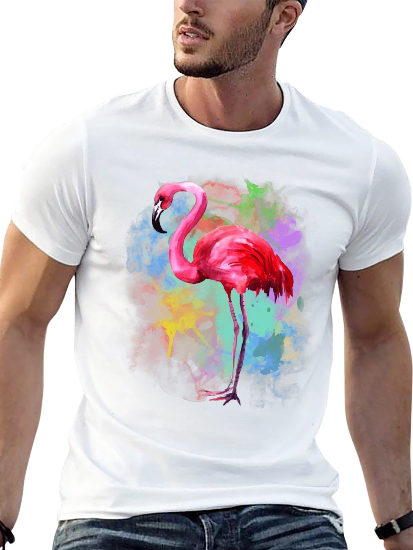 Black Flamingo Watercolor Graphic Tee - Black Cotton T-Shirt view 13