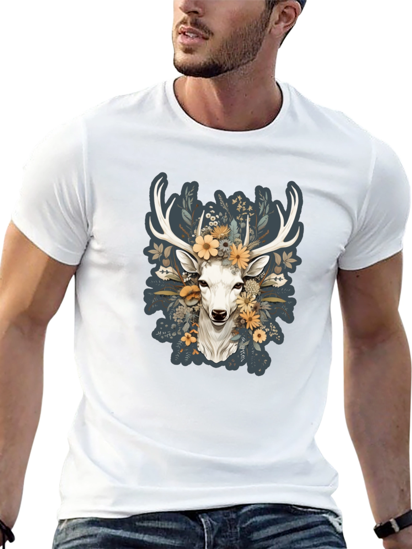Black Floral Deer Graphic Tee - Nature Inspired Menswear view 13