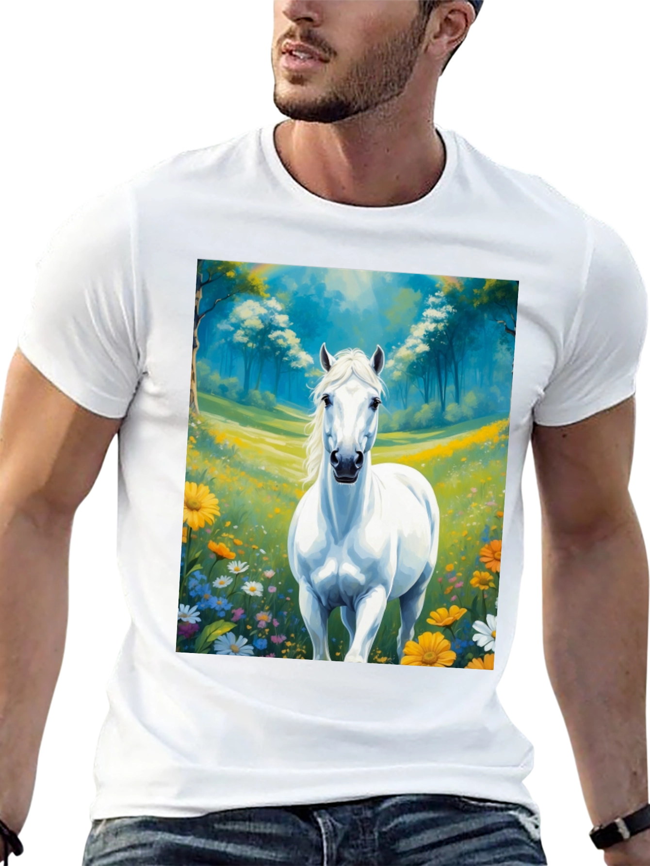 Black White Horse in Meadow Graphic Tee view 13