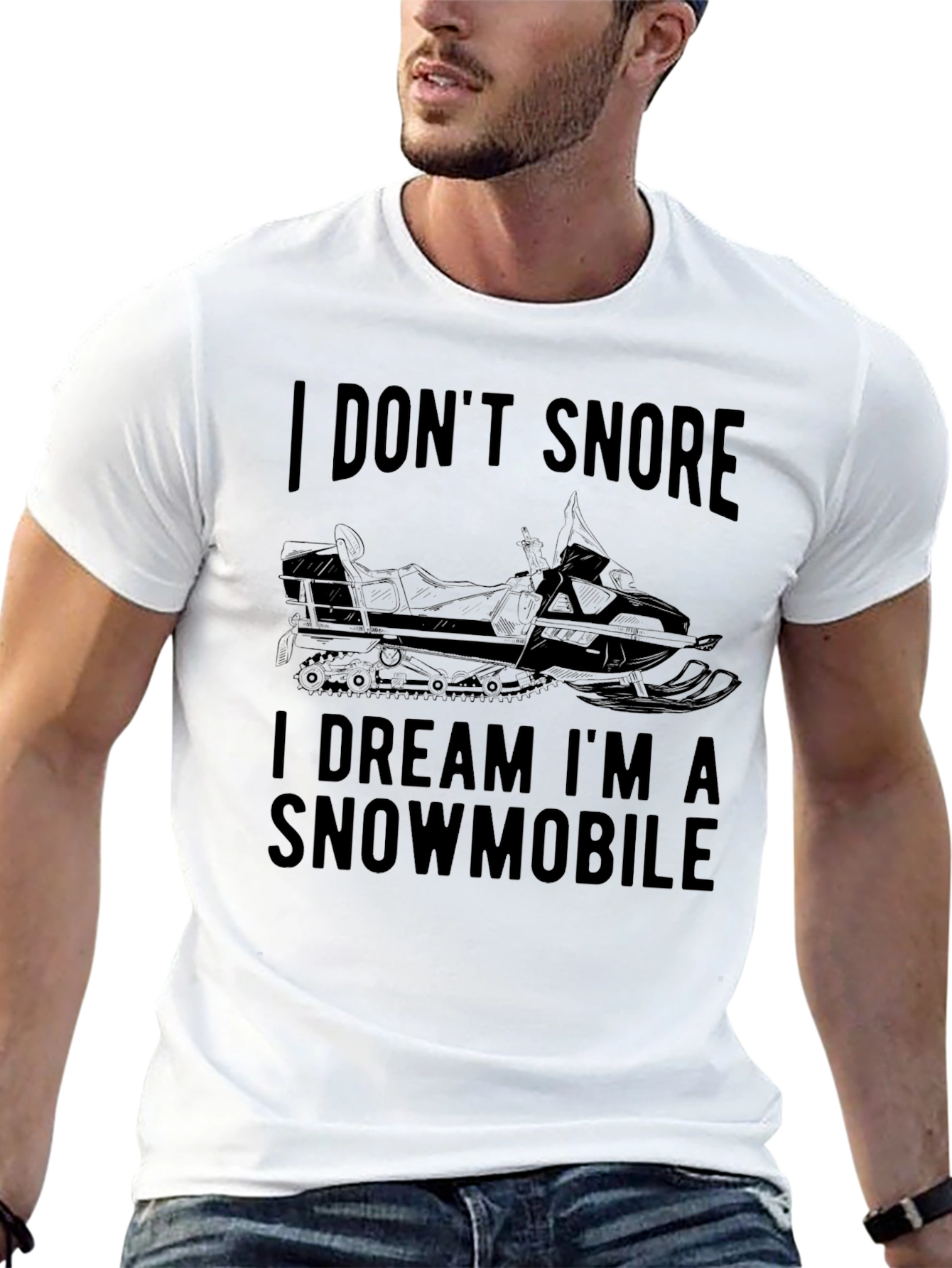 Black I Don't Snore, I Dream I'm a Snowmobile Black T-Shirt view 13