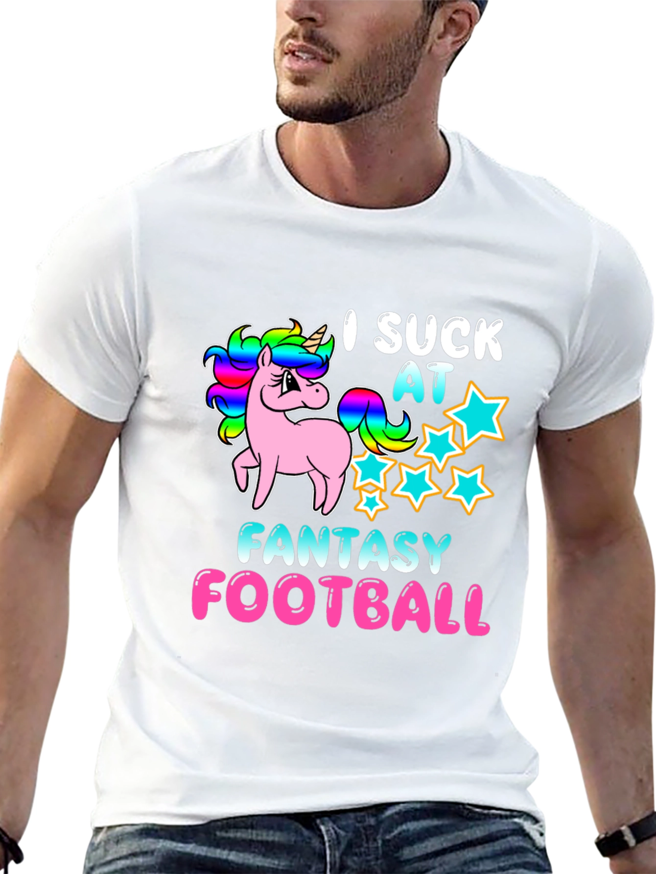 Black I Suck At Fantasy Football Unicorn T-Shirt view 13