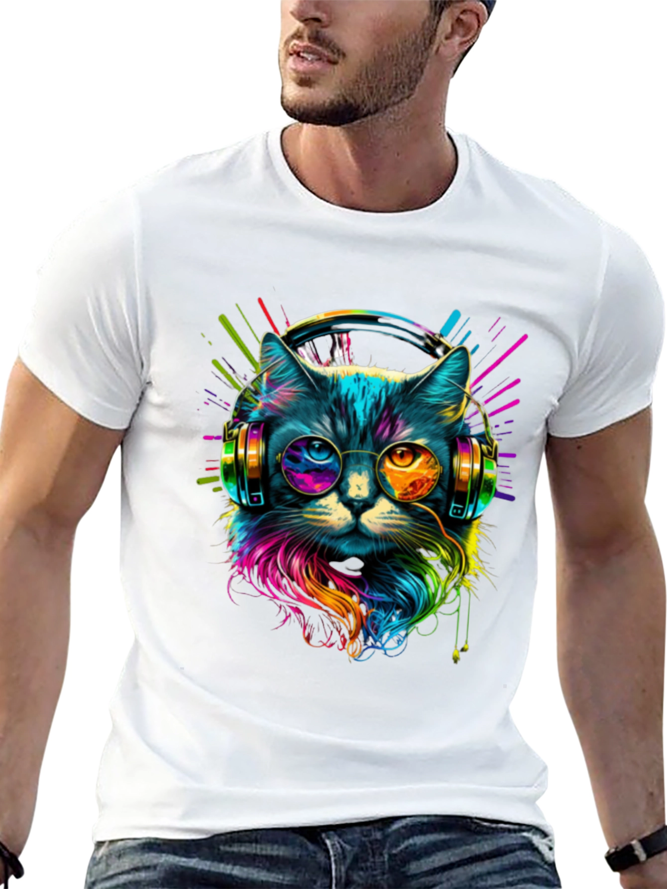 Black Neon Cat DJ T-Shirt - Unique Graphic Tee view 13
