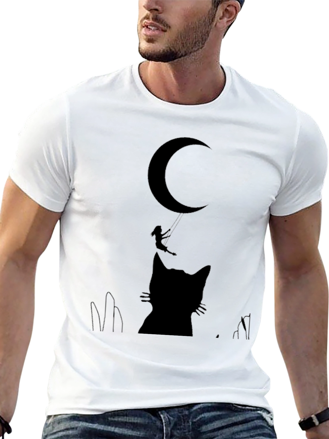 Black Whimsical Cat & Moon Graphic Tee - Black Cotton Blend view 13
