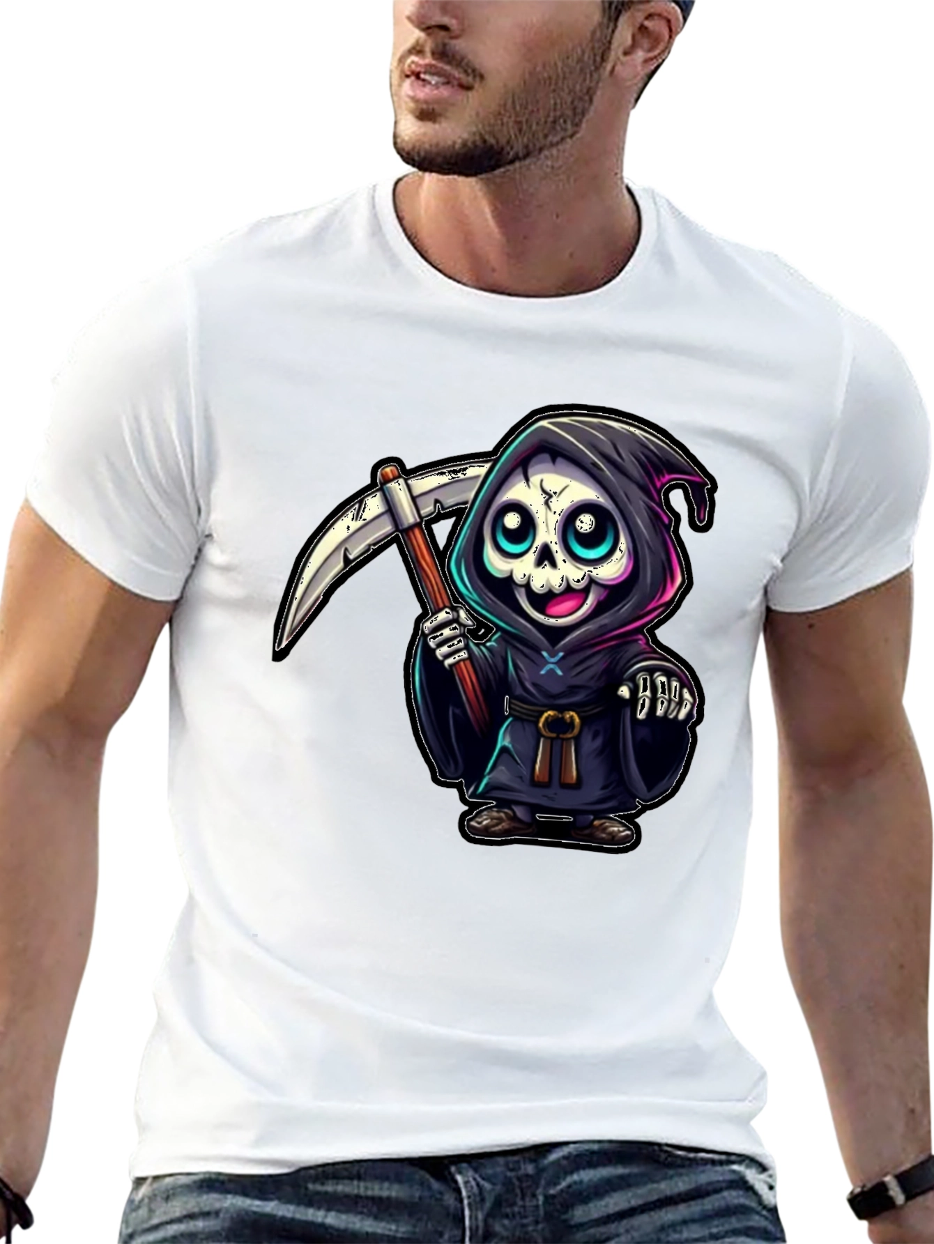 Black Grim Reaper Cartoon Graphic Tee view 13