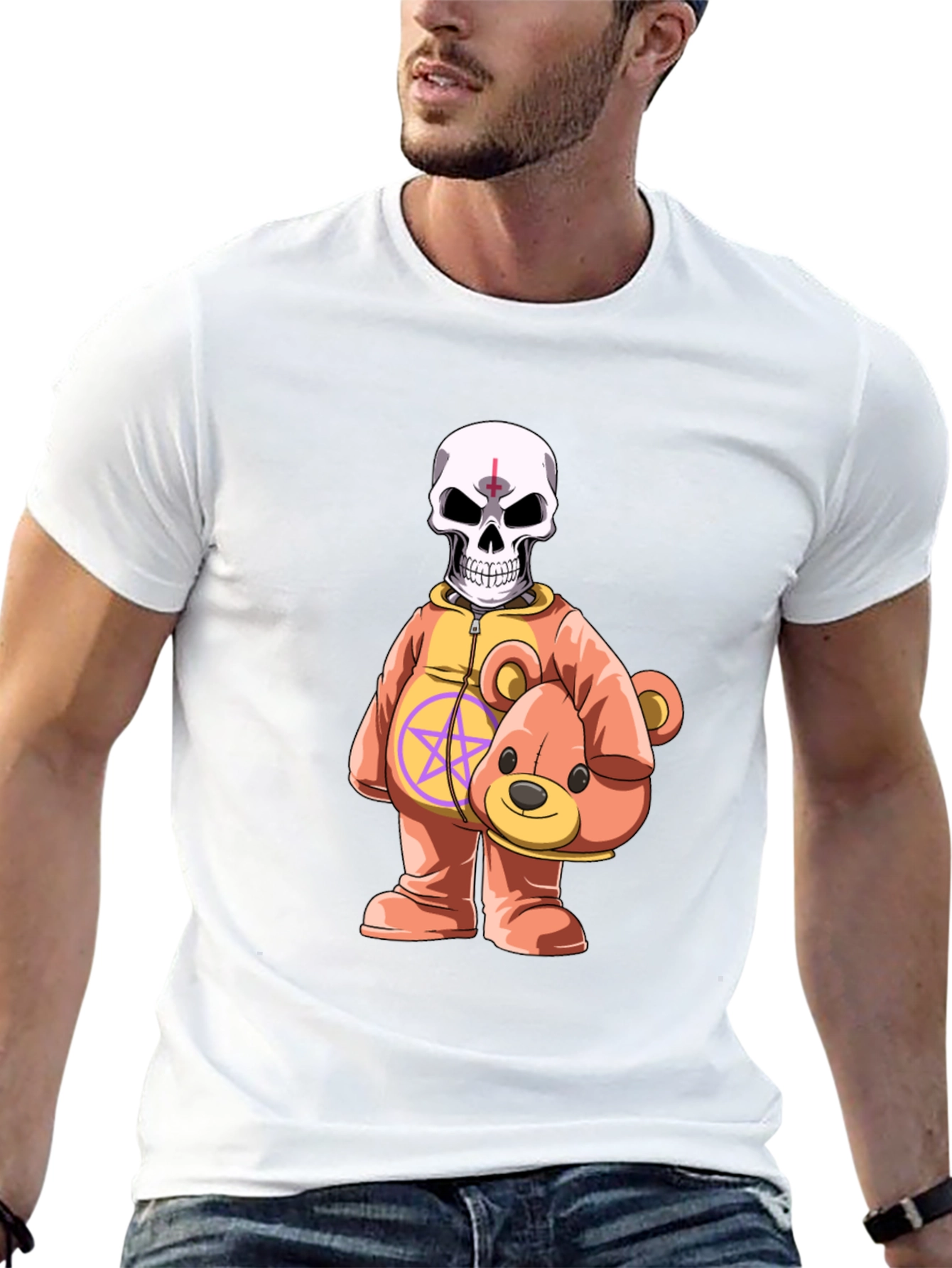 Black Skull Teddy Bear Graphic Tee - Edgy Novelty Shirt view 13