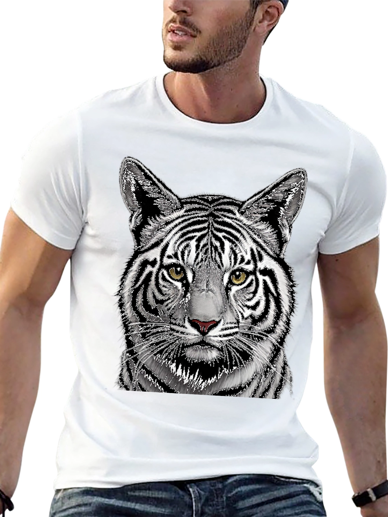 Black White Tiger Graphic Print Black T-Shirt view 13