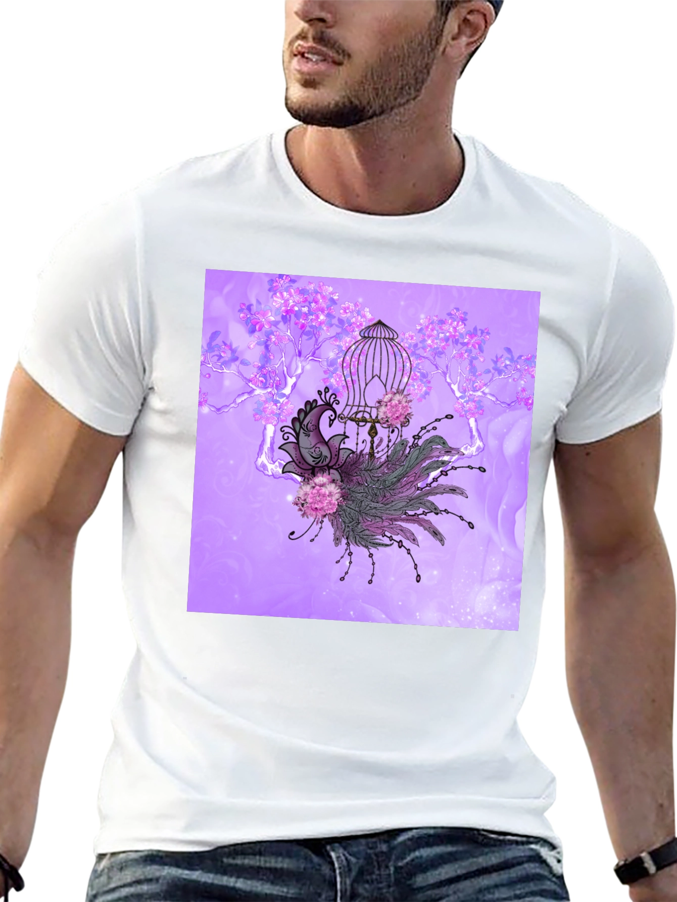 Black Elegant Peacock Cage Graphic T-Shirt view 13