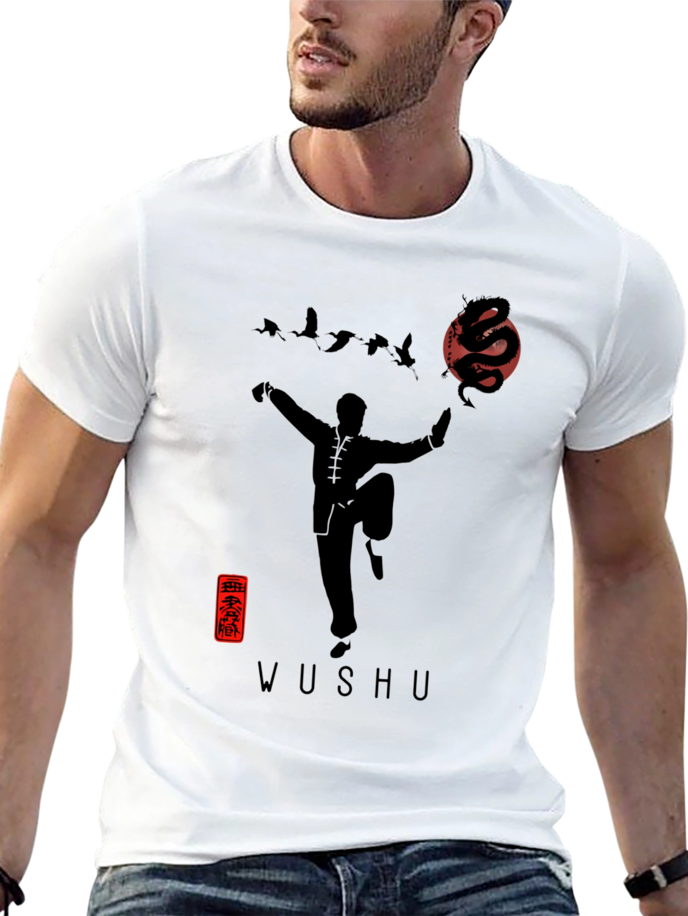 Wushu Martial Arts Dragon Graphic Black T-Shirt - 13