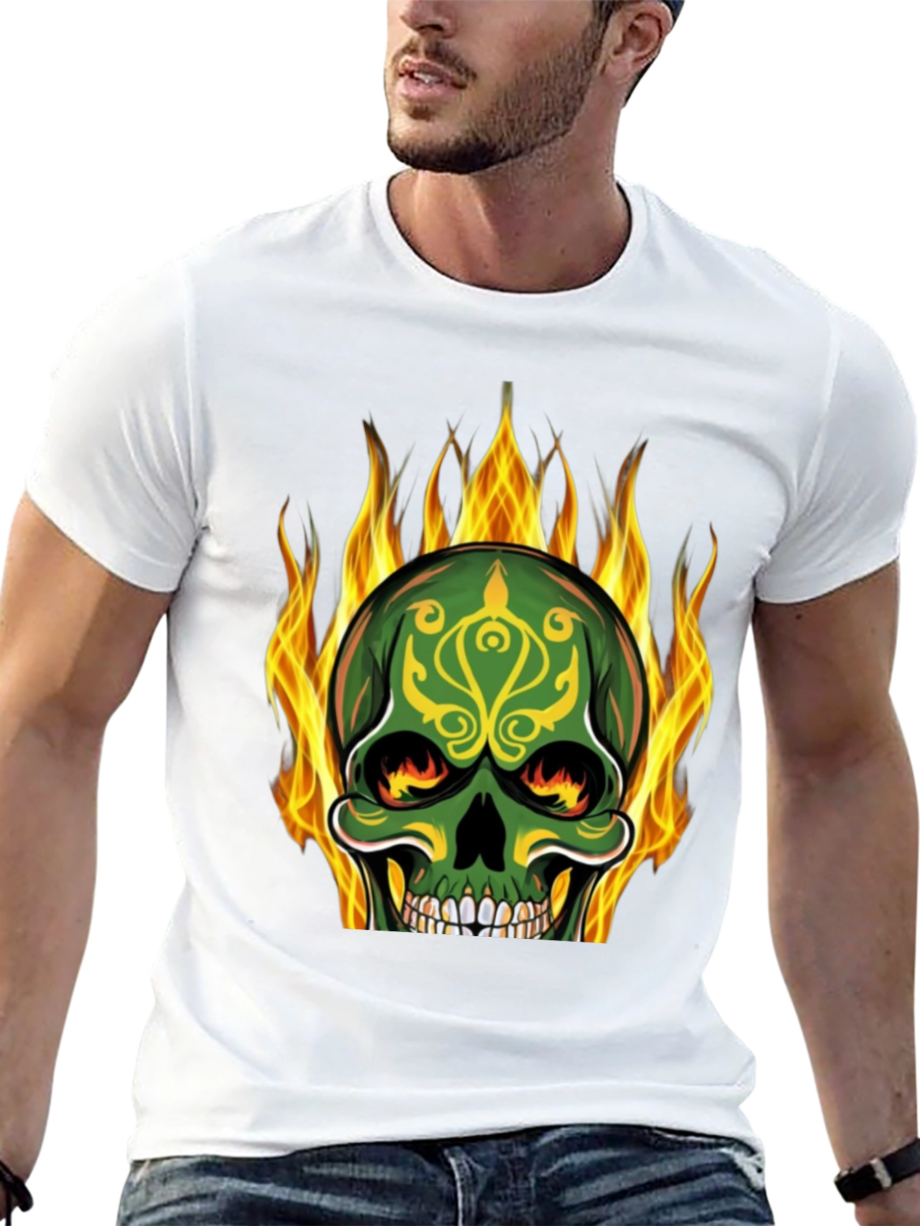 Black Flaming Skull Graphic Tee - Black Cotton T-Shirt view 13