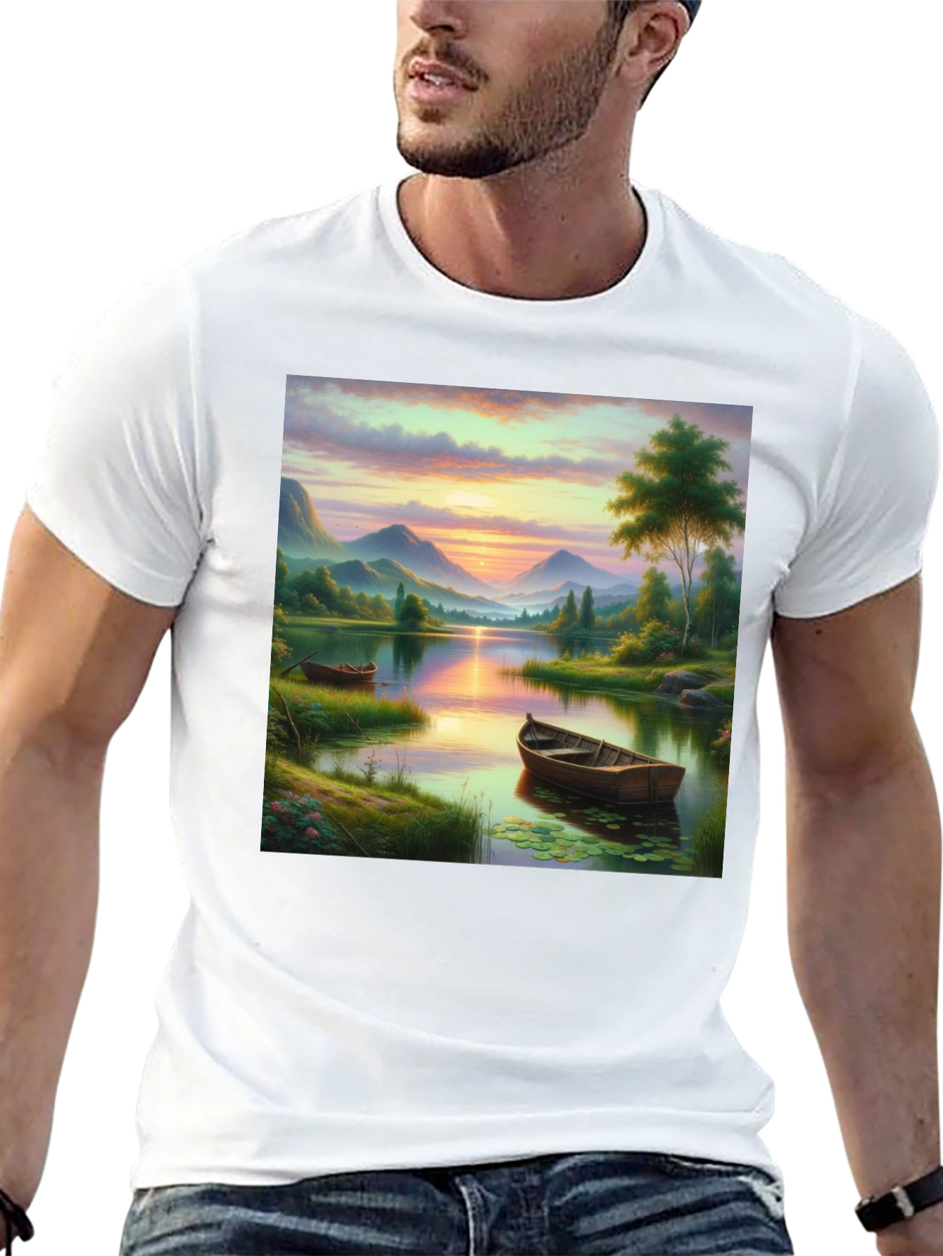 Black Lake Sunset Boat T-Shirt - Artistic Graphic Tee view 13