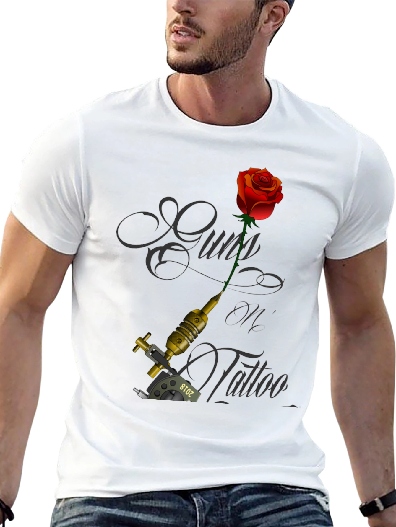 Guns Oil Tattoo Black T-Shirt with Rose and Tattoo Machine - 13