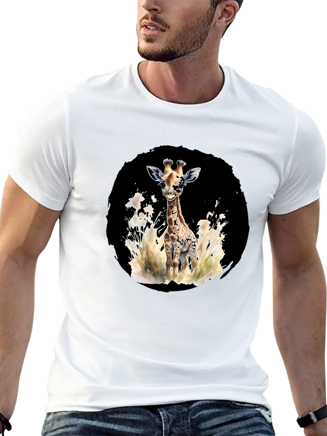 Black Giraffe Watercolor Graphic Tee - Casual Black T-Shirt view 13
