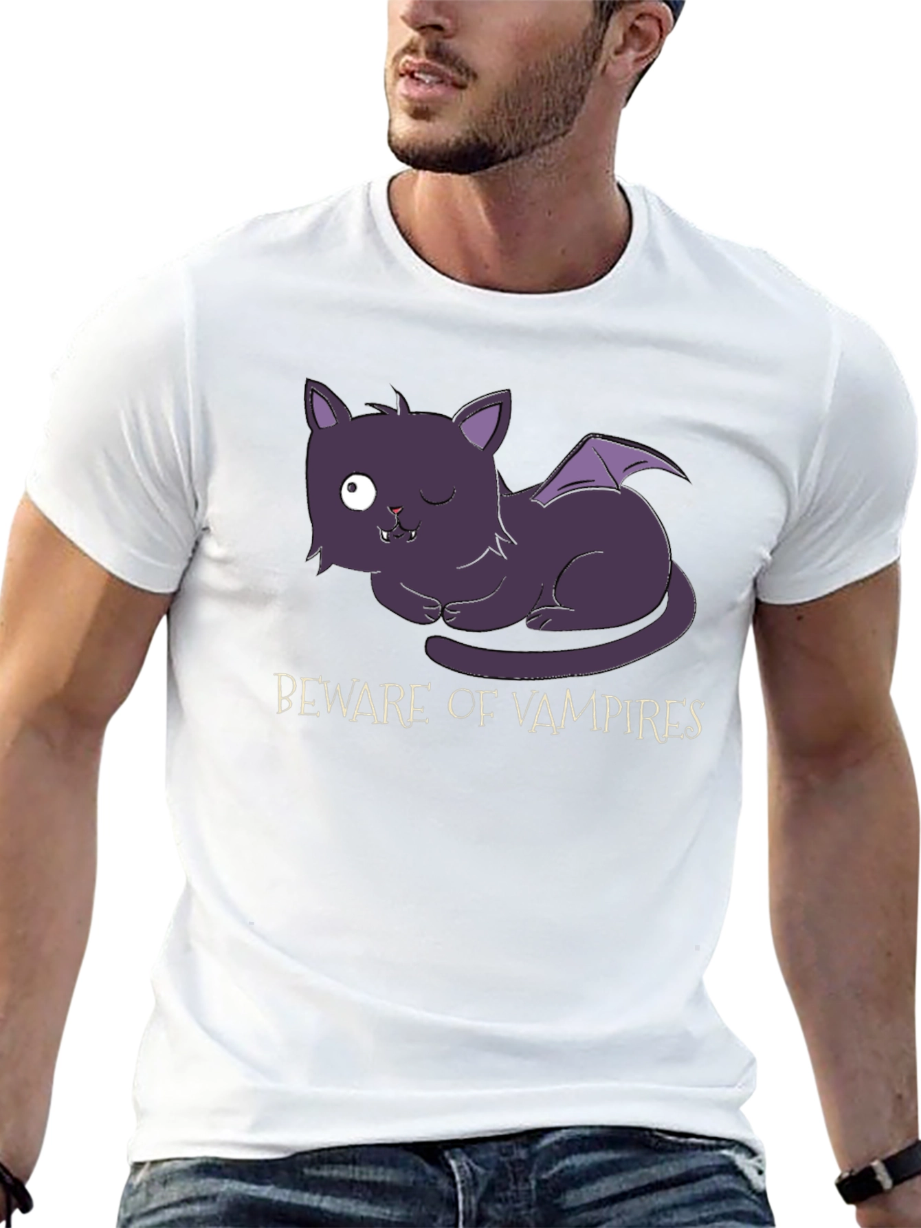 Black Beware of Vampires Cat T-Shirt - Halloween view 13