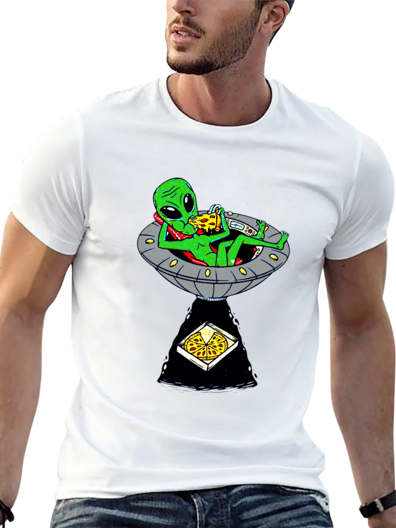 Black Alien Pizza UFO Graphic Tee - Black Cotton T-Shirt view 13