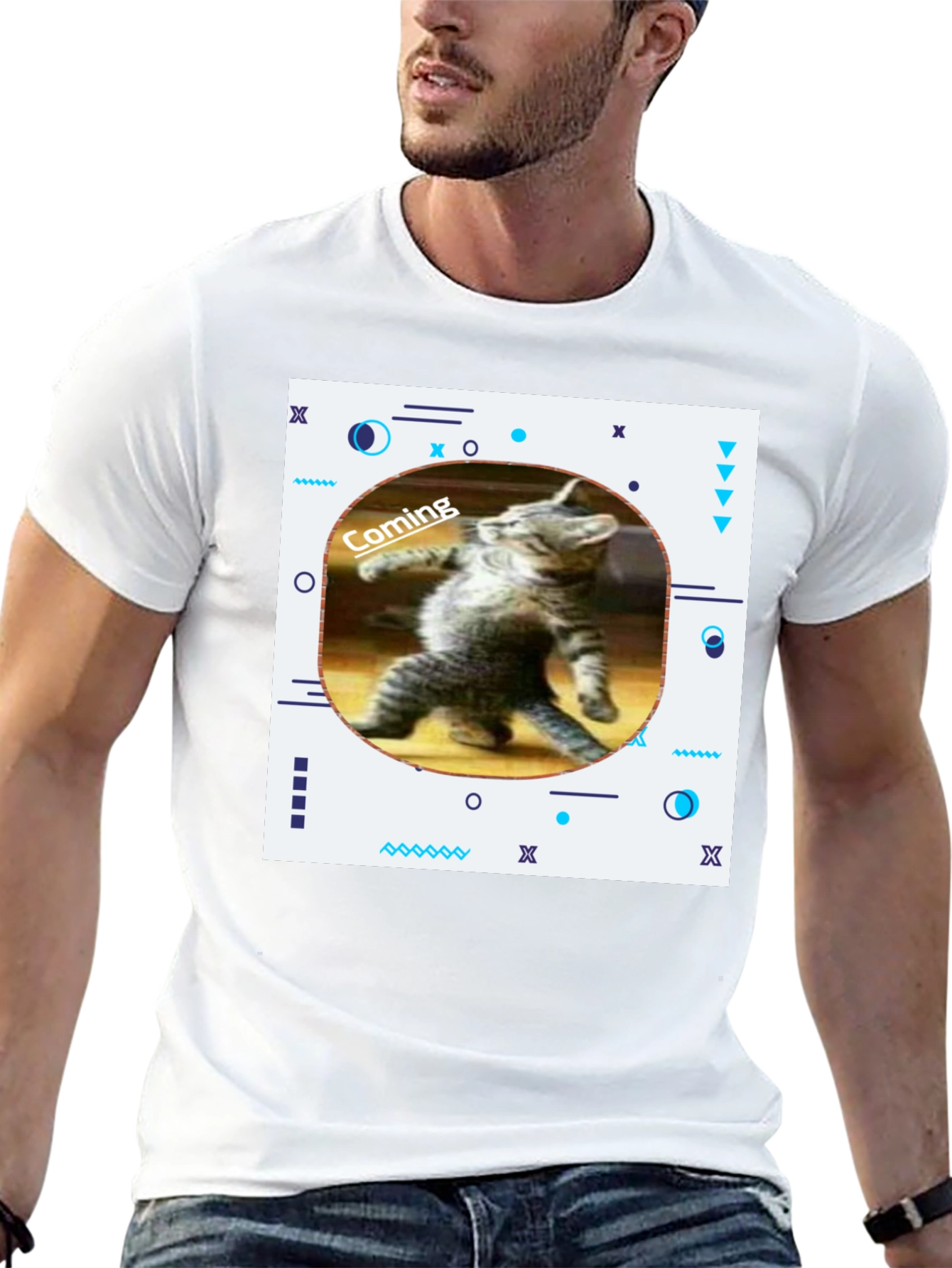 Black Funny Cat Coming T-Shirt - Black view 13